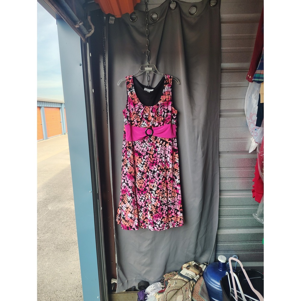 Chelsea Suite Pink Orange Mosaic Print Sleeveless Belted A-Line Dress Size 14